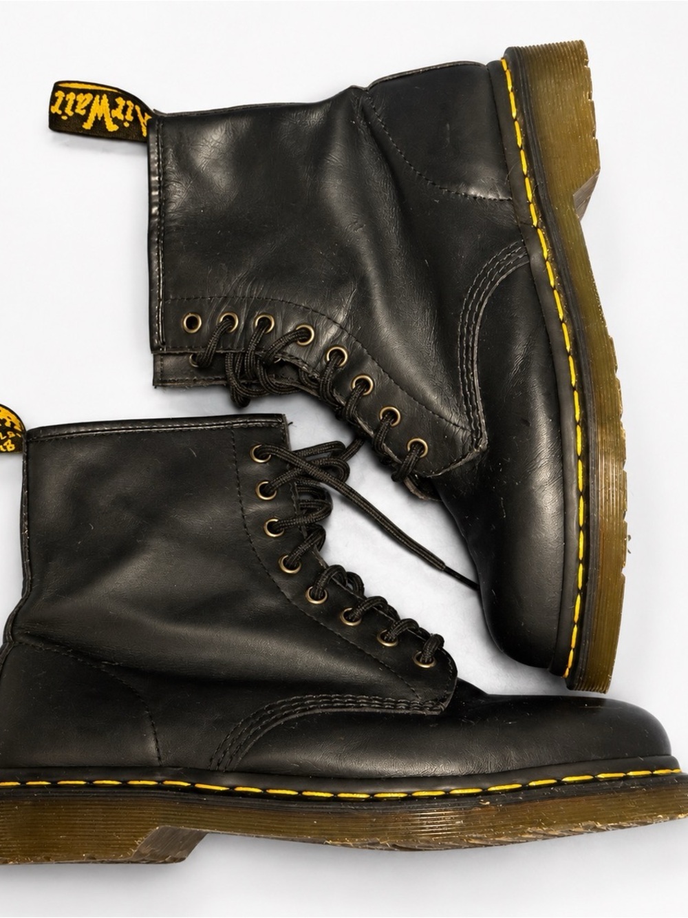 Dr. Martens Black Leather 8-Eye Lace-Up Boots with Yellow Stitching